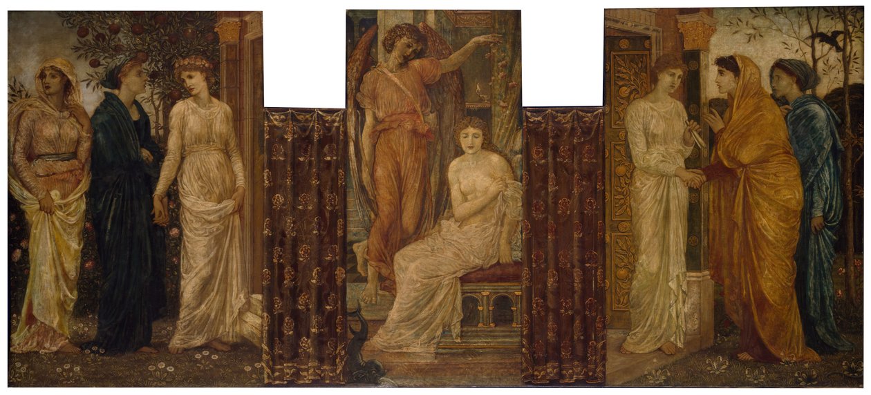 Cupido e Psique - Murais do Palácio Verde - As Irmãs de Psique a visitam na Casa do Cupido, 1881. de Sir Edward Coley Burne Jones