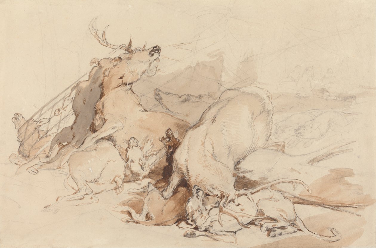 Cães de caça e caçadores que atacam veados de Sir Edwin Henry Landseer