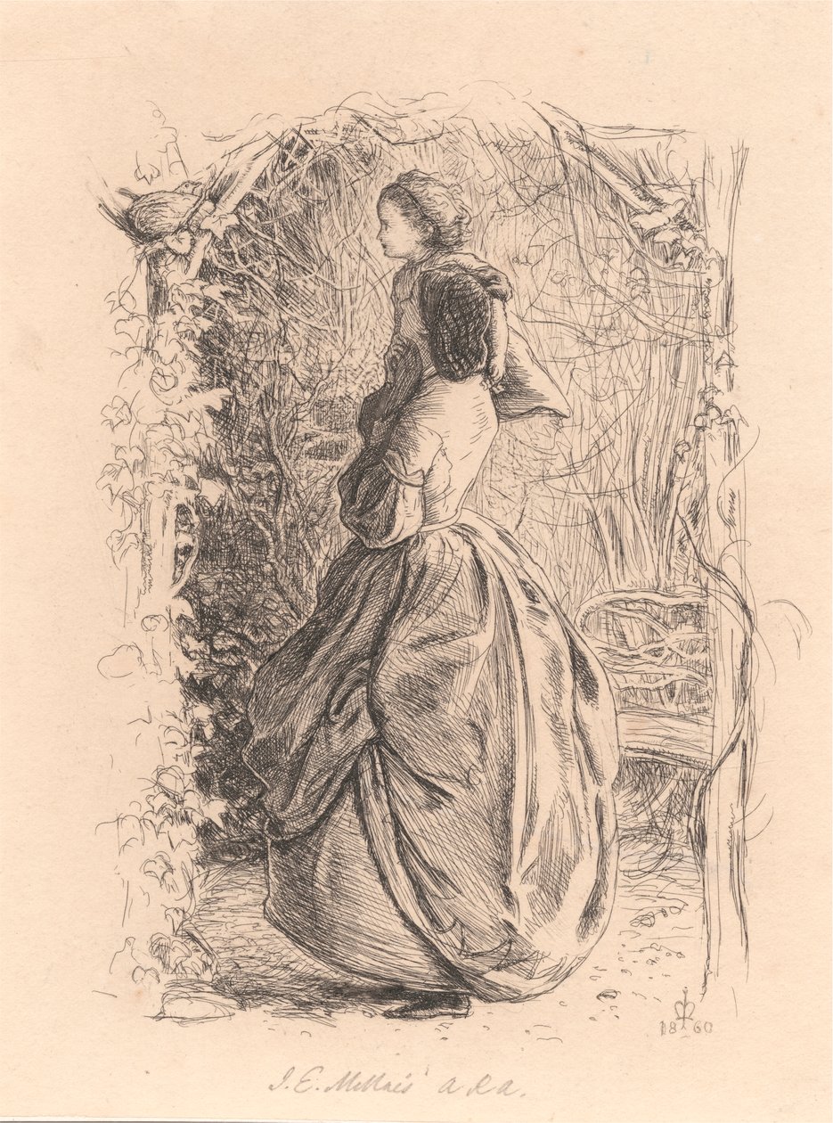 Feliz Primavera. Mulher e Criança Olhando para Pássaro em Ninho. de Sir John Everett Millais