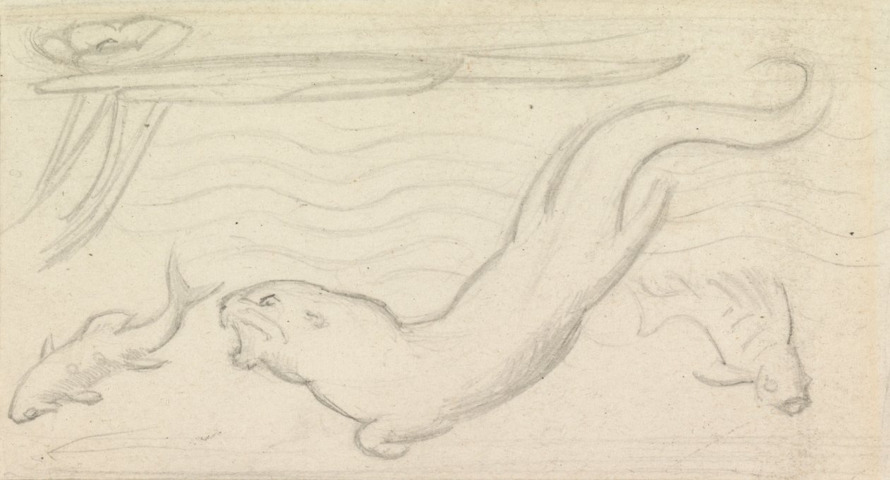 Estudo do vidro manchado, uma lontra e dois peixes de Sir John Everett Millais