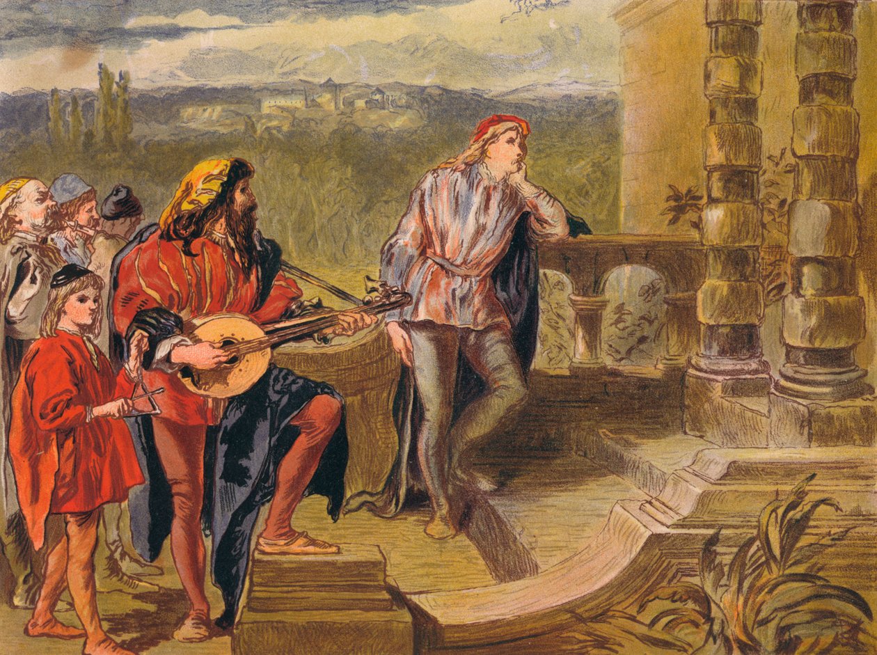 O músico canta em Os Dois Cavalheiros de Verona: Ato IV Cena II, c1875 de Sir John Gilbert