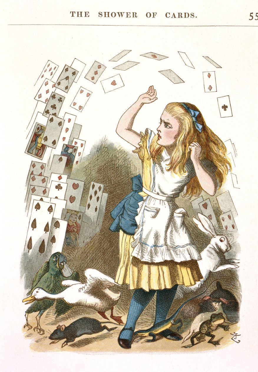 A chuva de cartas. Ilustração para Alice no País das Maravilhas de L. Carroll, 1890 de Sir John Tenniel