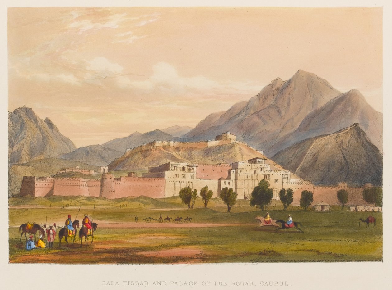 Bala Hissar e Palácio da Schah, Caubul (litografia colorida) de Sir Keith A. Jackson
