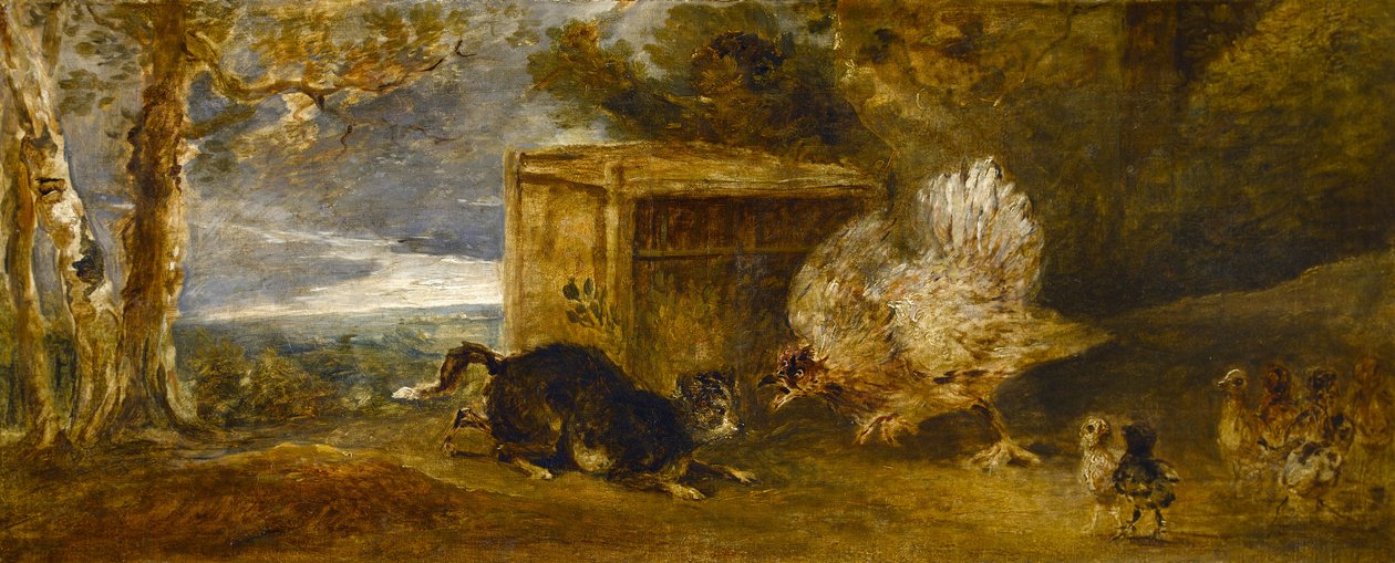 Uma galinha defendendo seus frangos do ataque de um gato de Sir Peter Francis Bourgeois