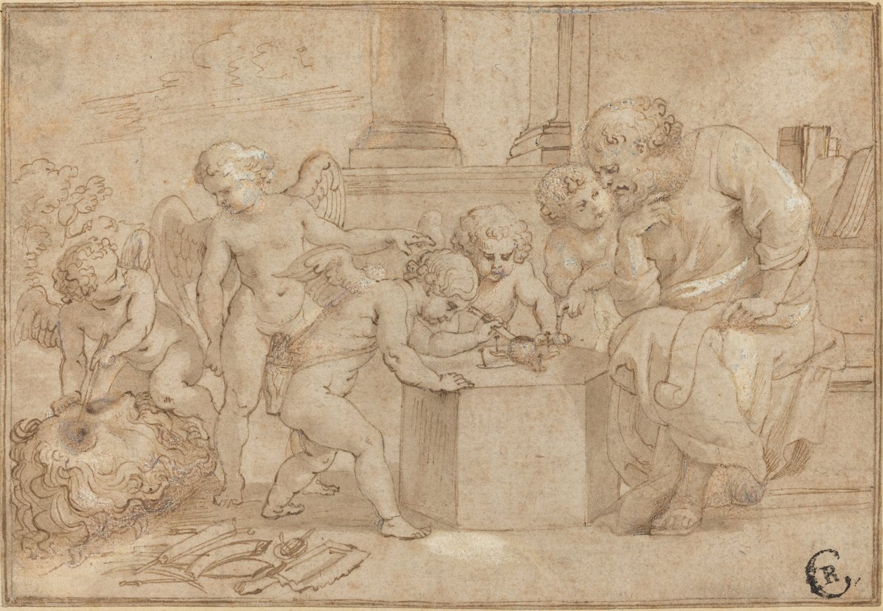 Homem idoso assistindo Putti dissecar um olho de Sir Peter Paul Rubens
