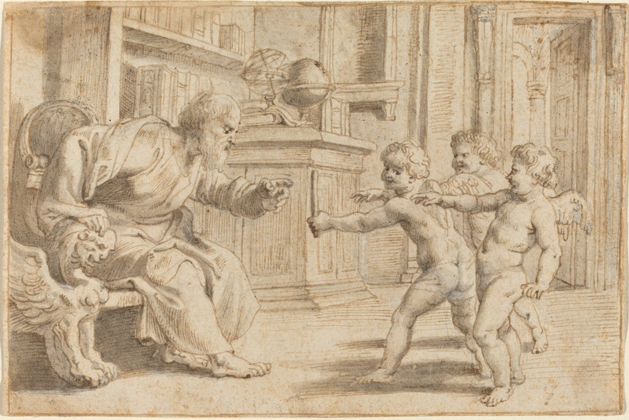 Putti testando a percepção de profundidade de um homem de Sir Peter Paul Rubens