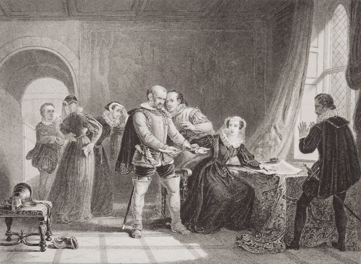 Maria Rainha dos Escoceses (1542-1587), obrigada a assinar sua abdicação no Castelo Lochleven em 1567, de "Ilustrações da História Escocesa e Inglês", Volume I de Sir William Allan