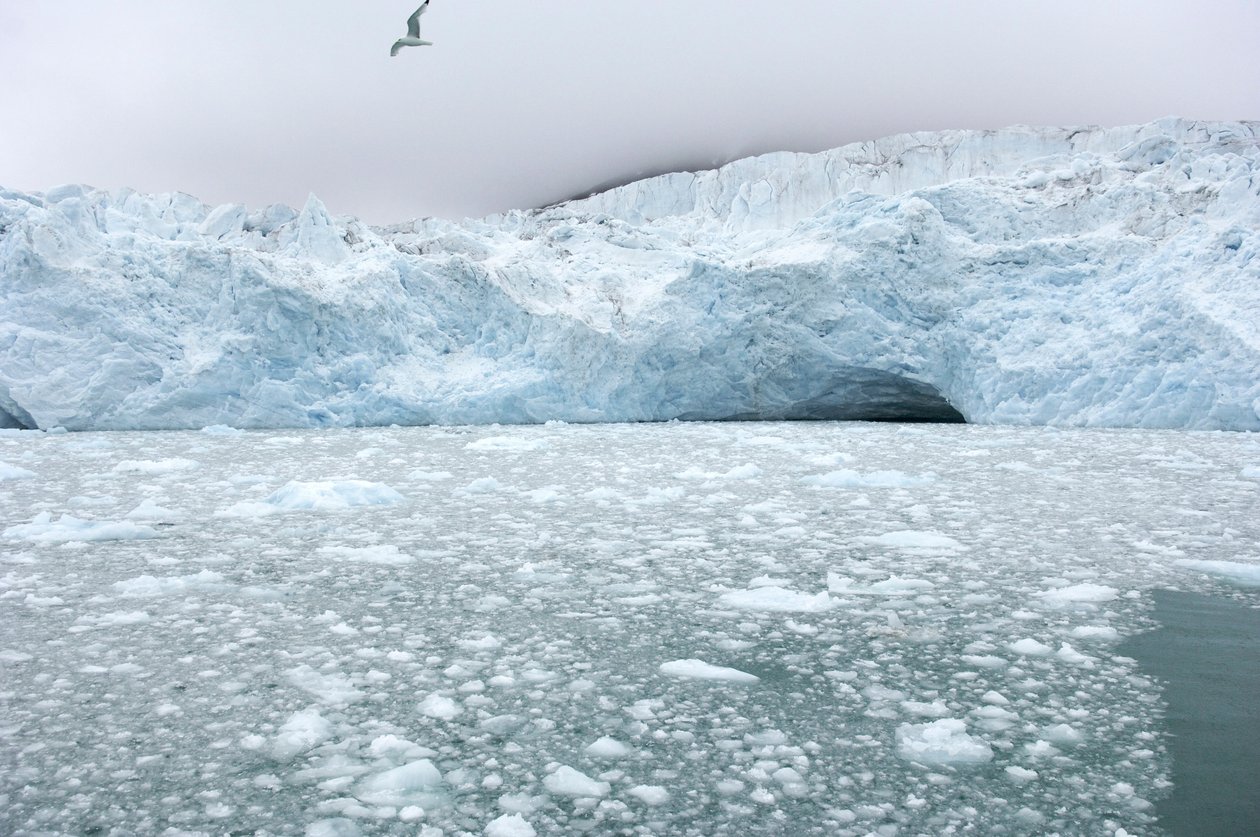 Pedaços de gelo de glaciares próximos flutuam no mar Ártico, Ilhas Svalbard, Noruega, 2022 (foto) de Sisse Brimberg