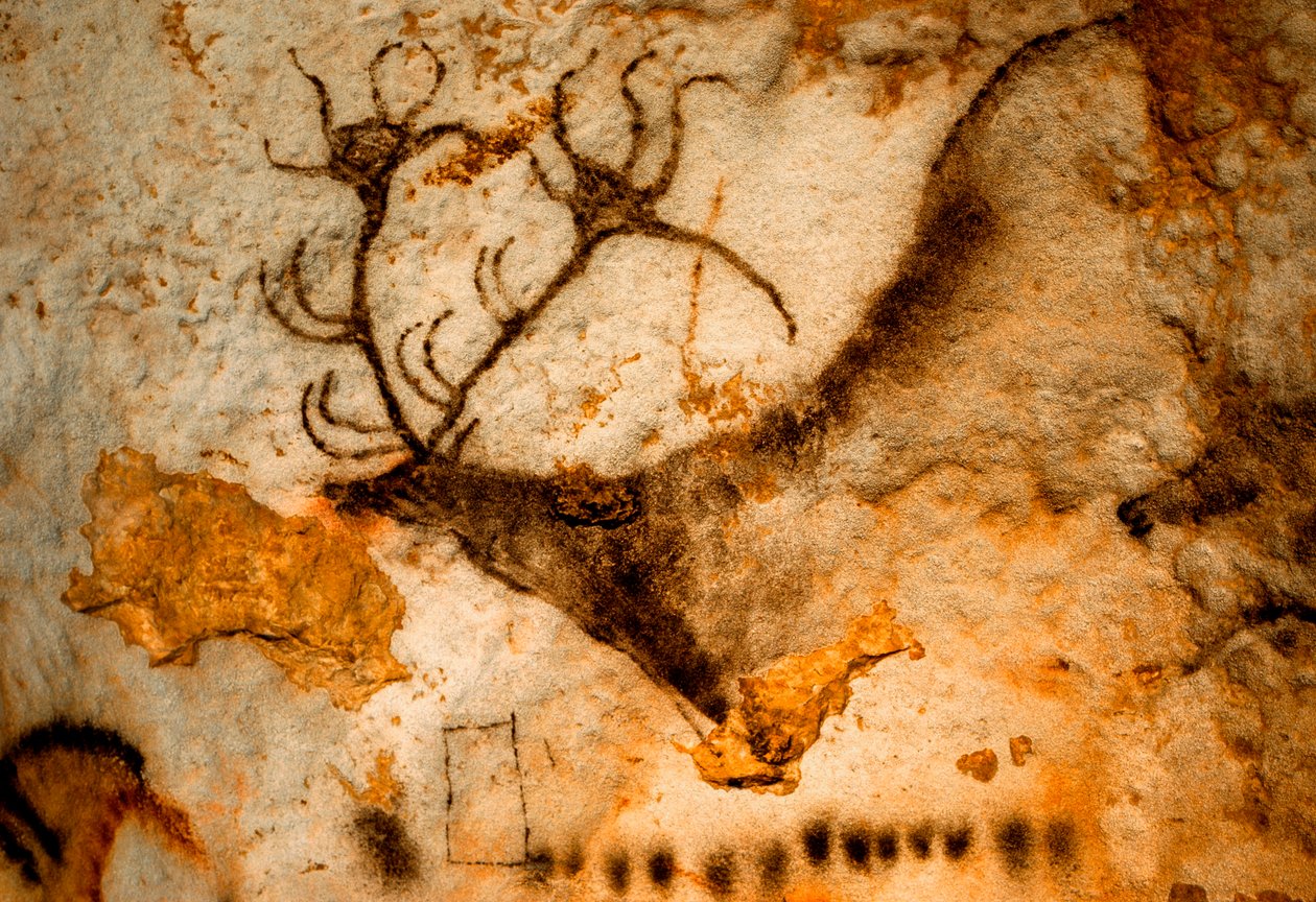 Pintura pré-histórica de veado vermelho com chifres de nove pontas na gruta de Lascaux, França. de Sisse Brimberg