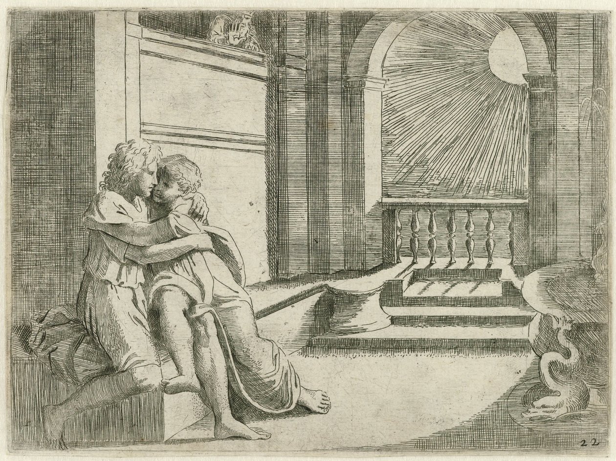 Abimelech ziet Isaak Rebekka liefkozen
Bijbelse scènes (título da série)
Historia del Testamento Vecchio / Pintado em Roma, no Vaticano, por Raffaelle di Urbin (...) (título da série) de Sisto Badalocchio