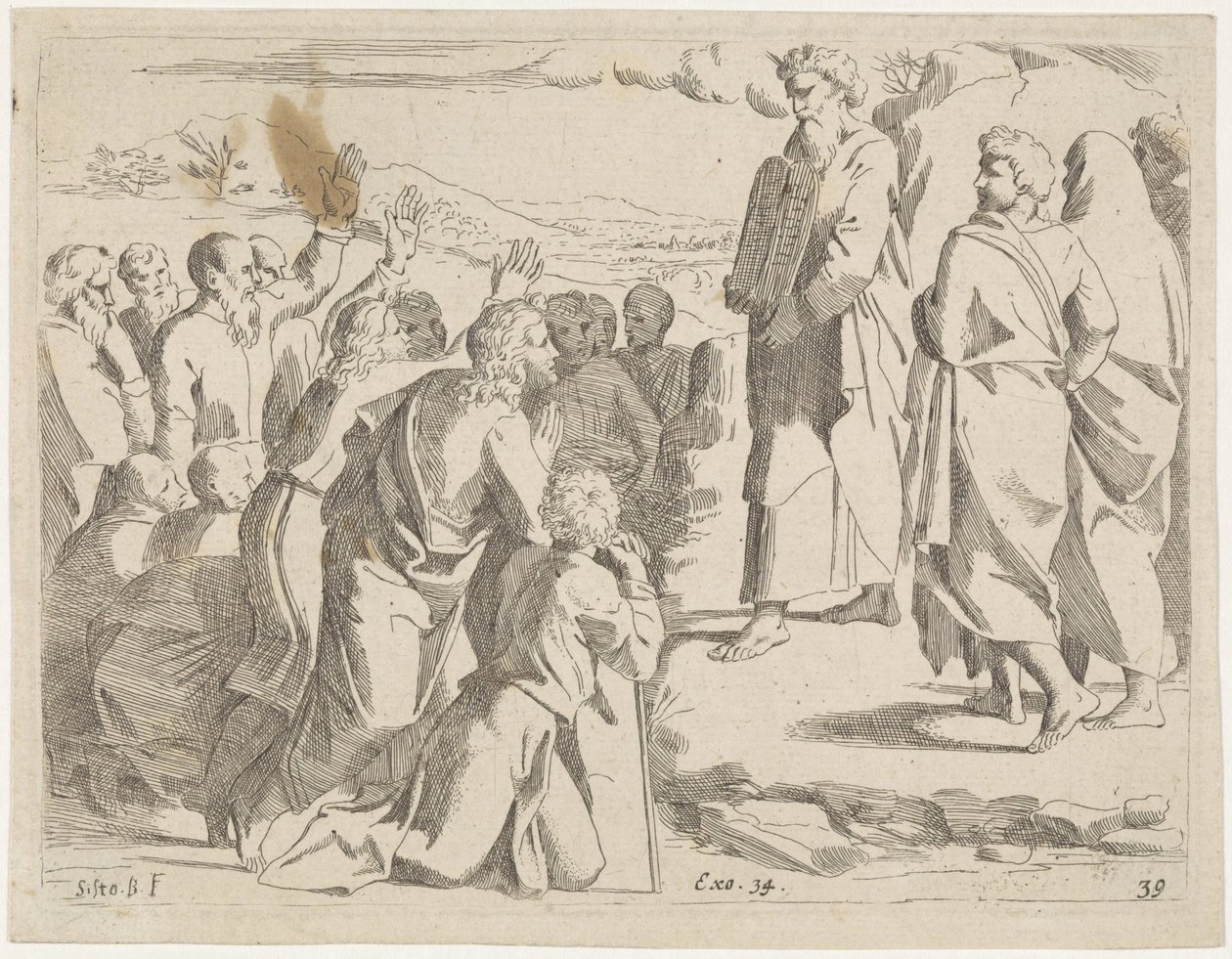 Moisés mostra as tábuas da lei ao povo
Cenas bíblicas (título da série)
Historia del Testamento Vecchio / Dipinta in Roma nel Vaticano da Raffaelle di Urbino (...) (título da série) de Sisto Badalocchio