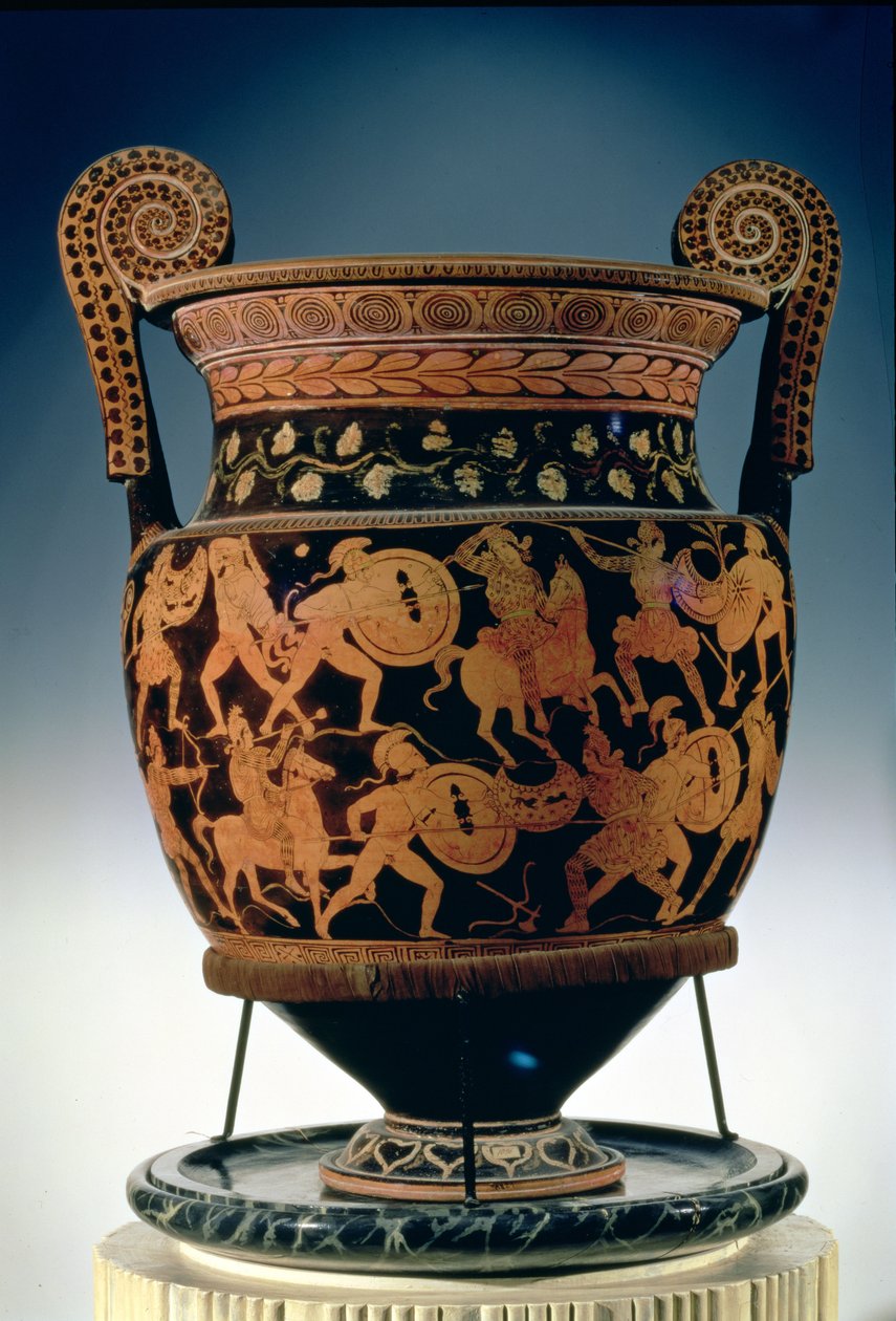 Krater voluta de figuras vermelhas representando a Batalha dos Gregos e das Amazonas, Apulian (cerâmica) (ver também 85030) de Sisyphus Painter