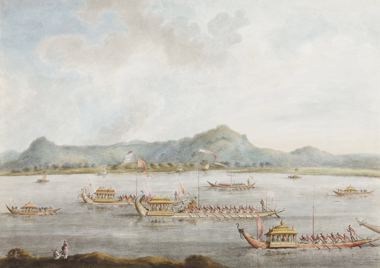 O Nawab dos barcos de Murshidabad no Ganges, 1814 (wc opaco no papel) de Sita Ram