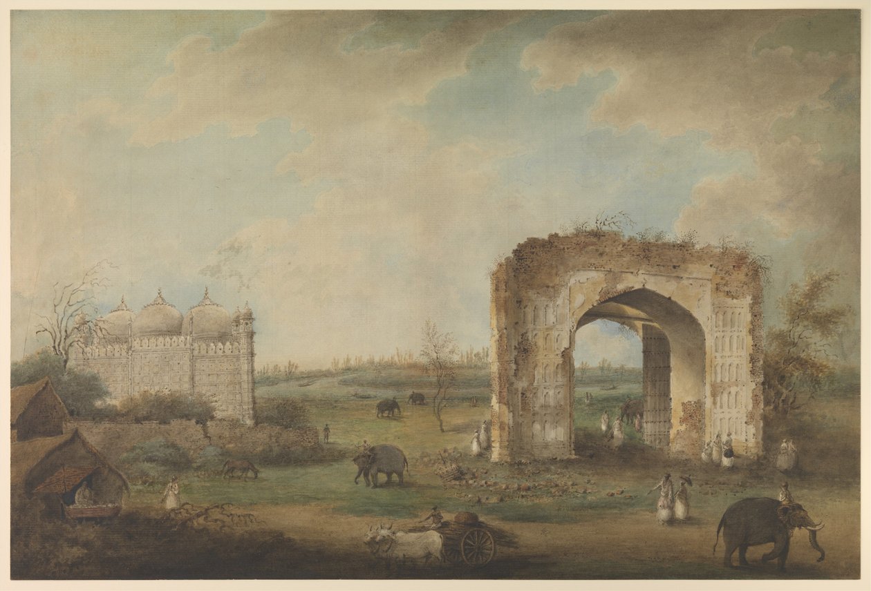 Vista de uma Mesquita e Porta de entrada em Motijhil, c.1814-23 (aguarela opaca sobre papel) de Sita Ram (attr. to)