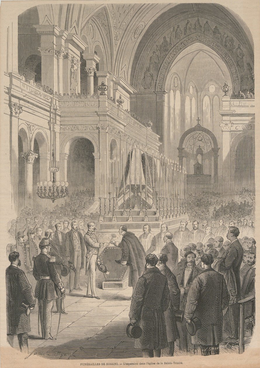 O funeral de Gioacchino Rossini. A consagração na Igreja da Santíssima Trindade, 1868. de Smeeton and Cie . Cosson