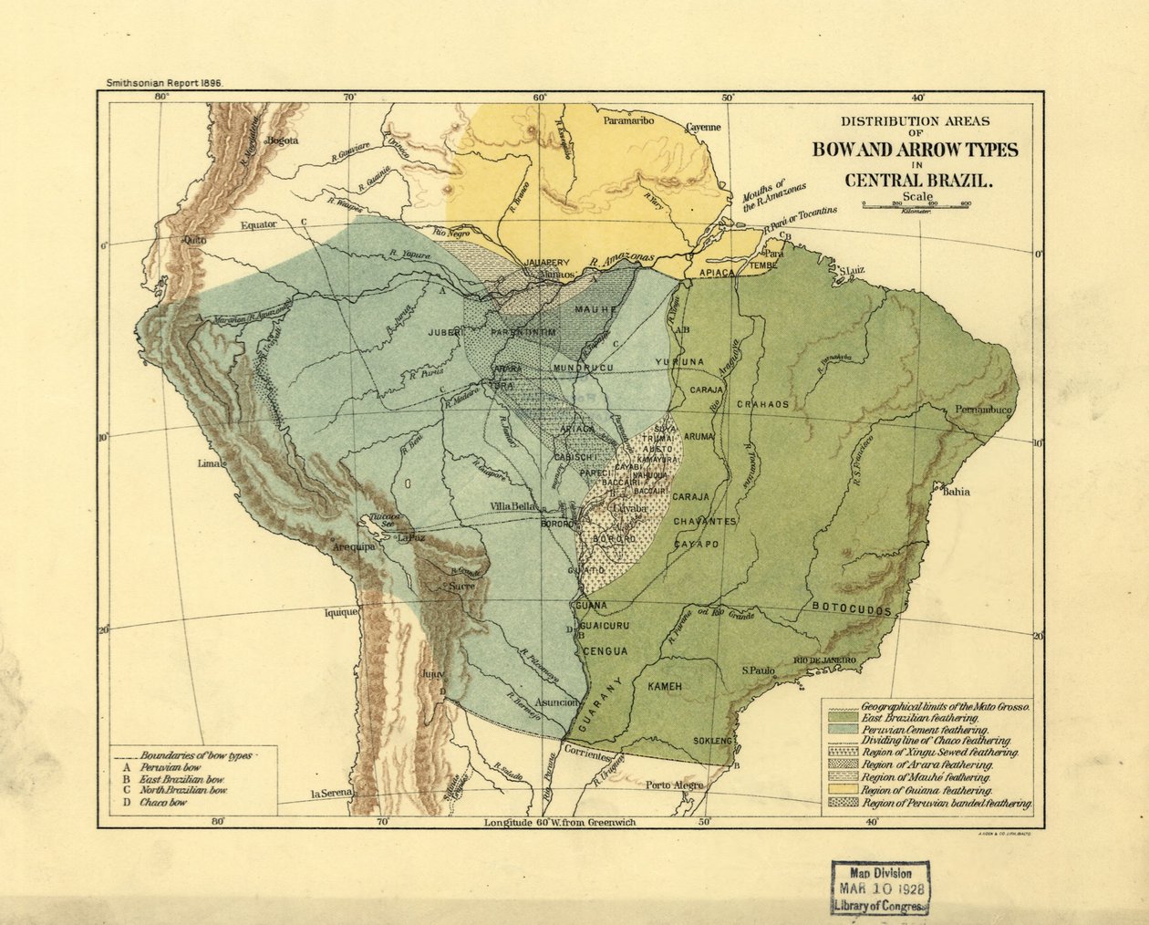 Áreas de distribuição dos tipos de arco e flecha no Brasil central. LOC 2003627075 de Smithsonian Institution
