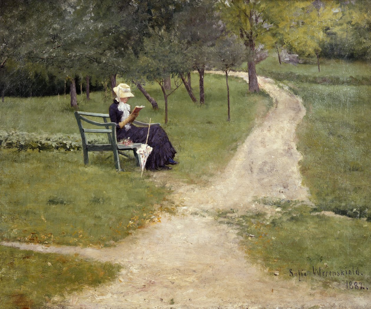 Mulher lendo em um banco (óleo sobre tela) de Sofie Thomesen Werenskiold