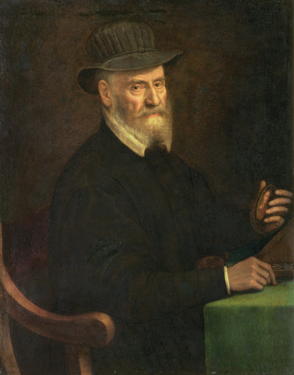Retrato de Giulio Clovio (1498-1578), artista em miniatura, segurando um pensamento em miniatura para ser do artista Lavinia Teerlinks (fl.1545-70), 1556 de Sofonisba Anguissola