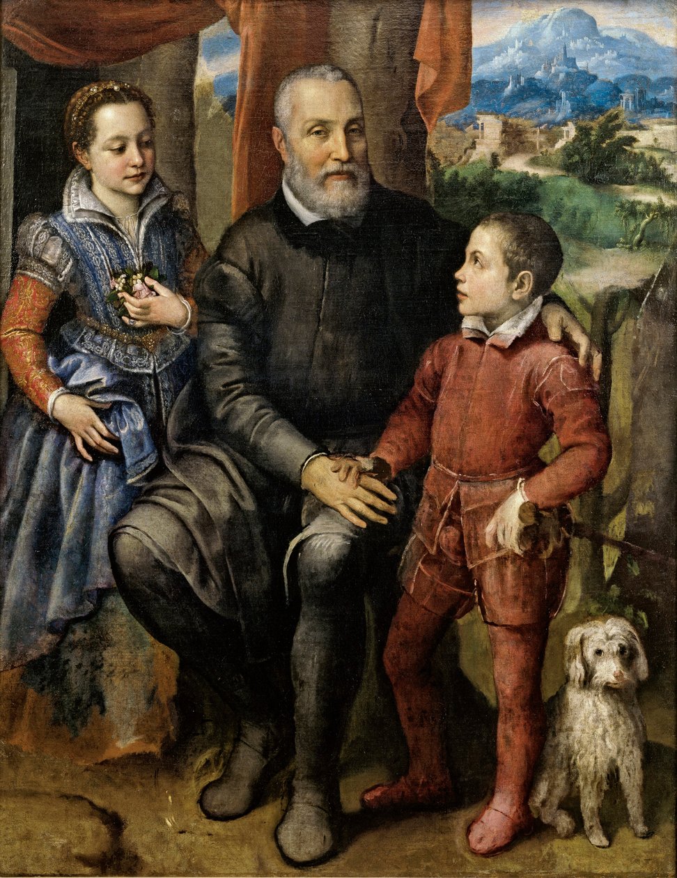 O artista pai Amilcare Anguissola e seus irmãos Minerva e Asdrubale, ca 1559. de Sofonisba Anguissola