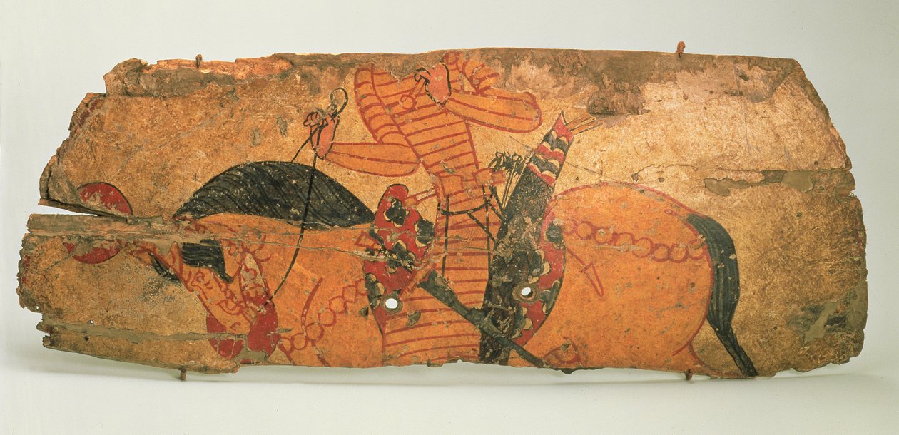 Escudo, encontrado nas ruínas de Qalai Mugh (Castelo dos Zoroastrianos), final do século 17 ao início do século 18 (madeira, couro e tinta) de Sogdian Sogdian
