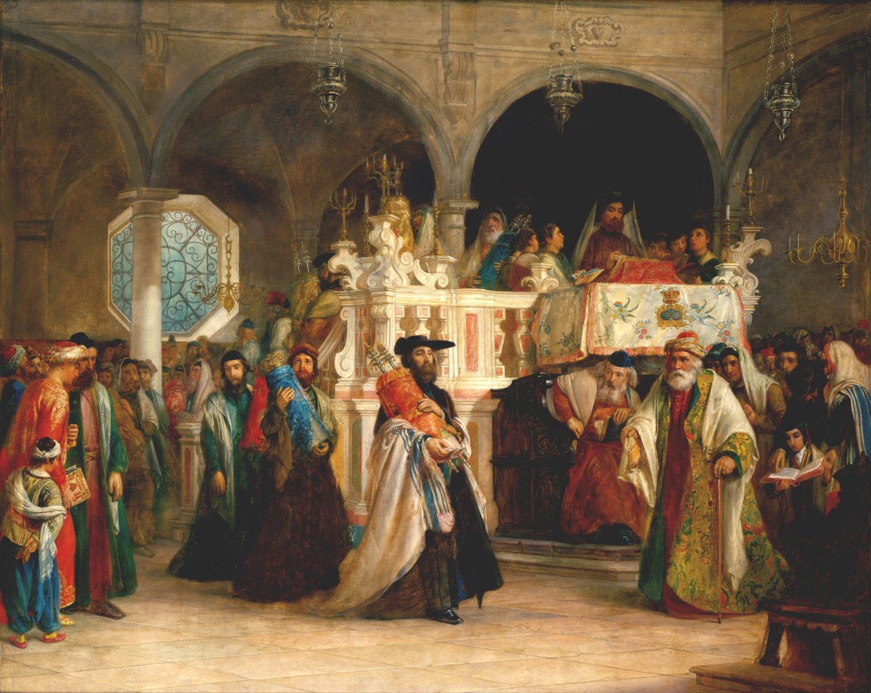Festa da Alegria da Torá na Sinagoga de Leghorn, Itália, 1850 de Solomon Alexander Hart