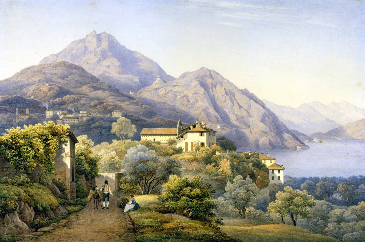 Como. Menaggio. Loveno e Mount Groma. 1840. Pintura por S. Corrodi. Menaggio, Como. . de Solomon Corrodi