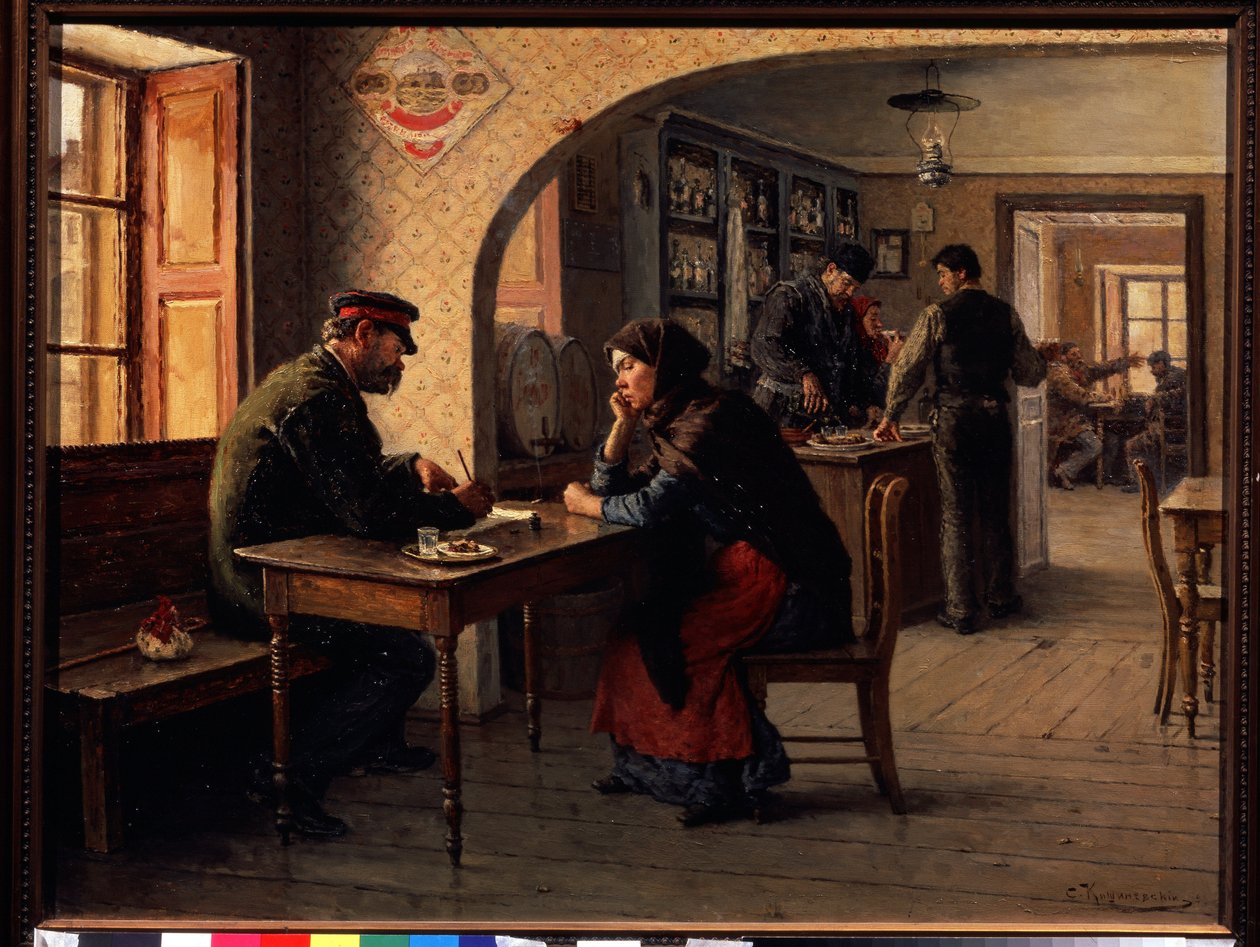 Uma petição. Num café, uma mulher fala com um soldado do Exército Vermelho que preenche um formulário para ela. Atrás deles, a azáfama comum de um café. Pintura de Solomon Yakovlevich Kishinevsky (Kishinevsky) (1863-1941), óleo de Solomon Yakovlevich Kishinevsky