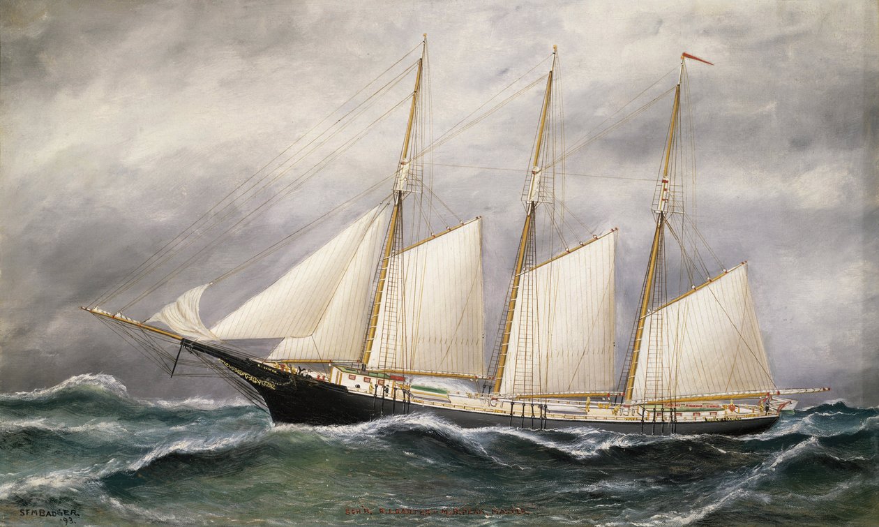 A escuna "Robert Ingle Carter", a plena vela, lançada em 1891 em Boston (Massachusetts, EUA), para um comerciante de carvão de Newport (Rhode Island, EUA) de Solon Francis Montecello Badger