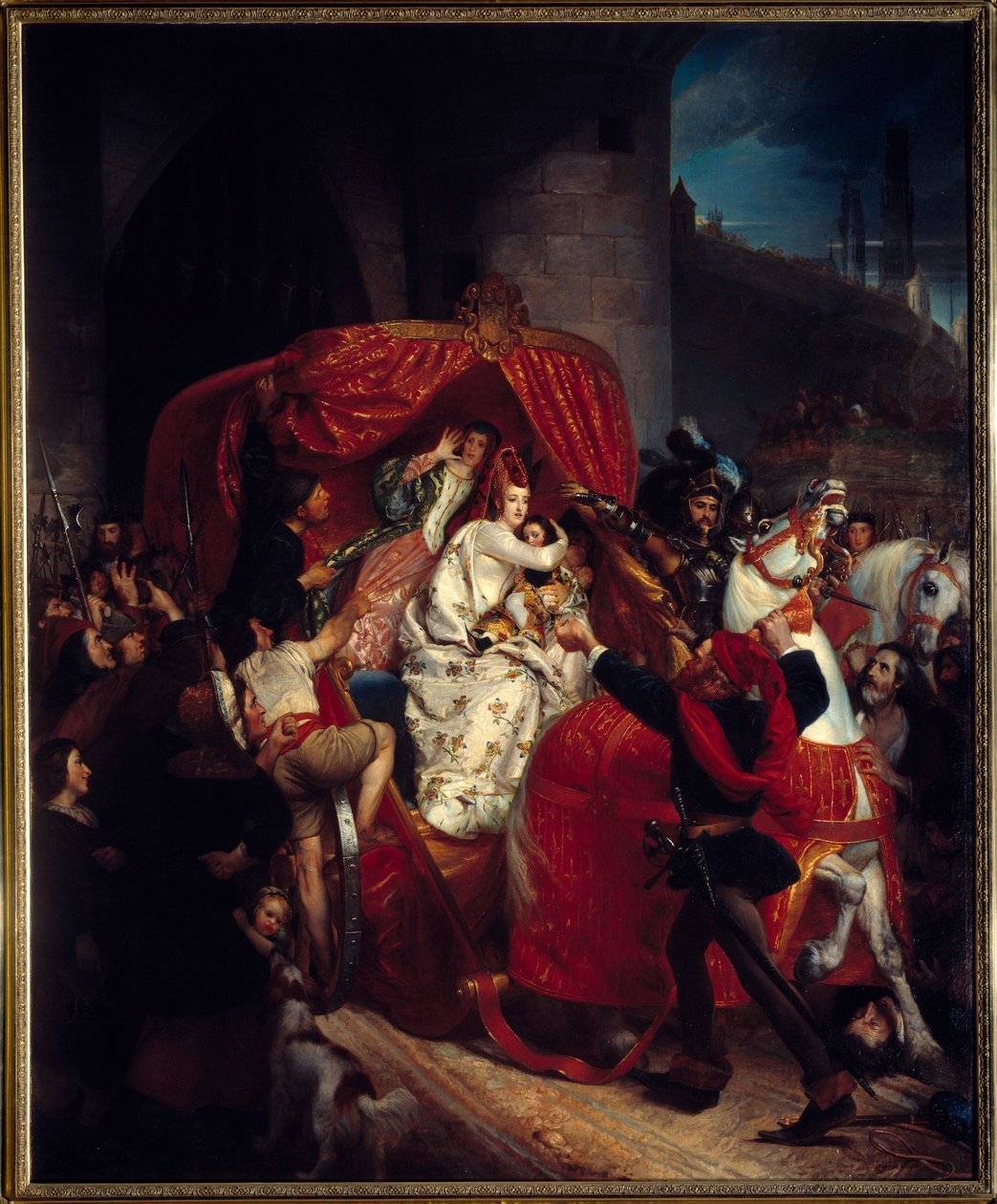 Revolta de Bruges de 1436: "A Duquesa de Borgonha às portas de Bruges" Isabel de Portugal (1397-1471) foi arrependida com seu filho Carlos, o Temerário, sob as fortificações. Pintura de Sophie Rude (1797-1867) 1841 Sol. 1,84x1,5 m Dijon, Museu de F de Sophie Rude