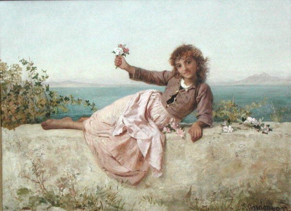 Um Vendedor de Flores em Capri, Itália, c.1875 (óleo sobre tela) de Sophie Anderson