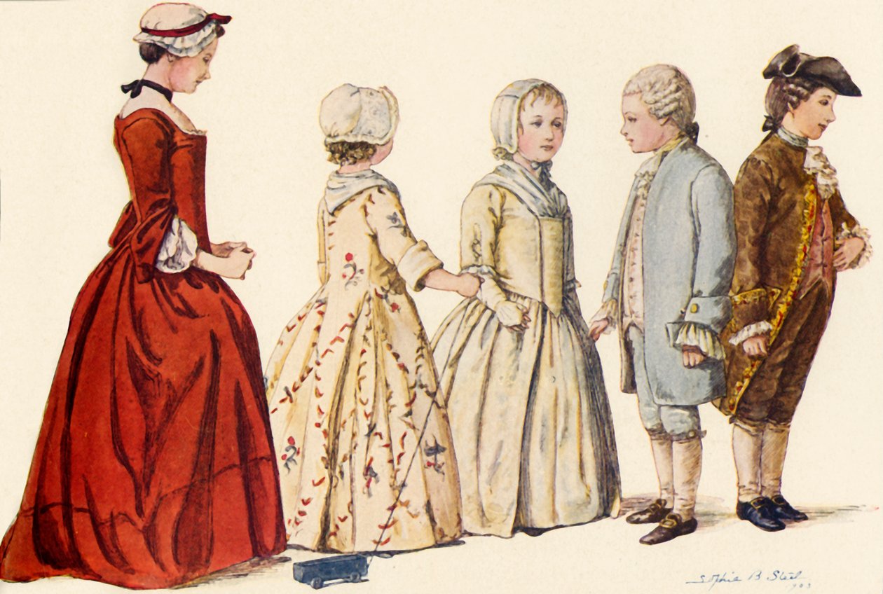 O vestuário das crianças durante os reinados da rainha Anne, George I, II e III 1702-1790, 1903, 1937. de Sophie B. Steel
