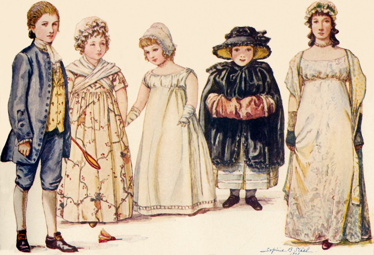 O vestuário das crianças durante os reinados da rainha Anne, George I, II e III 1702-1790, 1903, 1937. de Sophie B. Steel