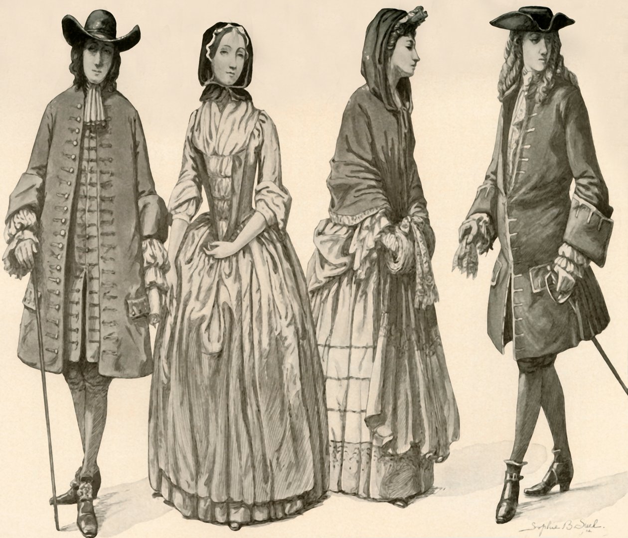 Roupa durante os Reinos de Carlos II, Tiago II, Guilherme e Maria 1682-1700, 1903, 1937. de Sophie B. Steel