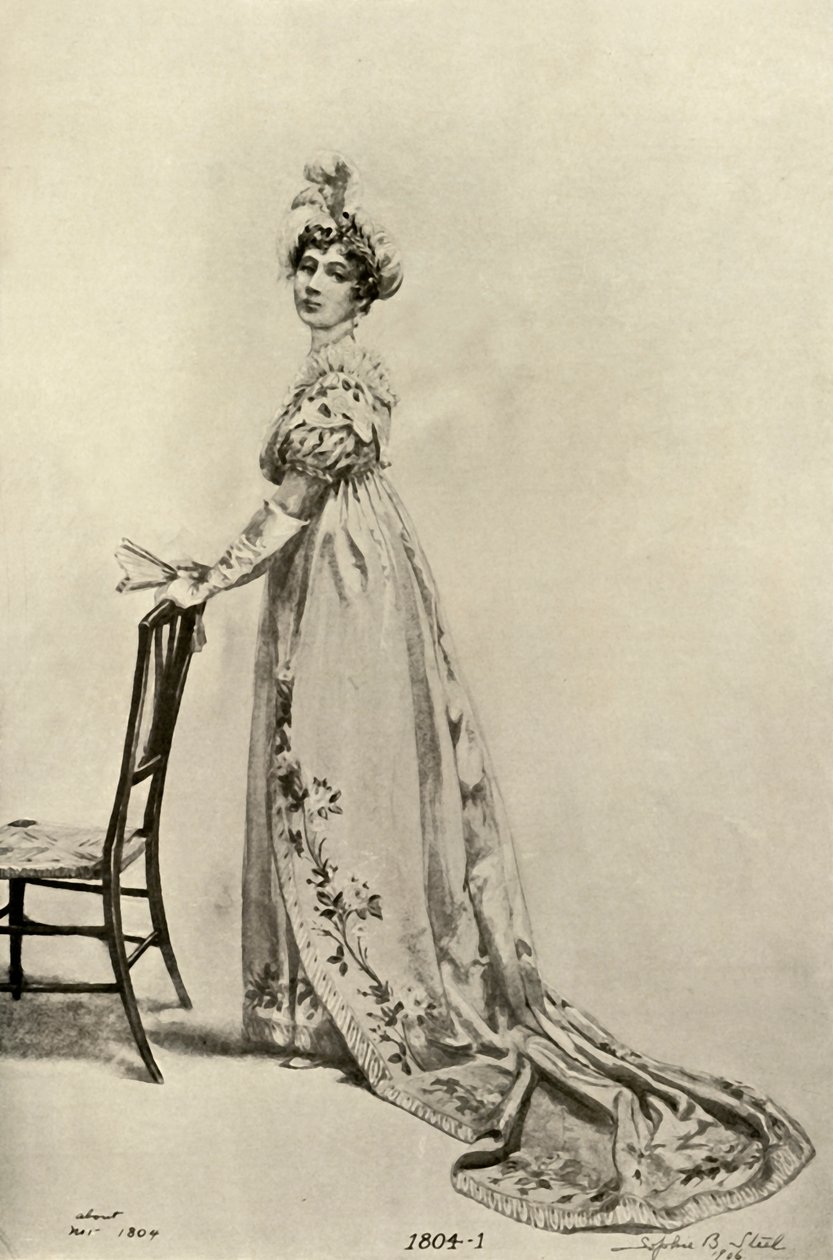 Vestido Empire usado na Filadélfia, agora em Memorial Hall, 1804, 1903, 1937. de Sophie B. Steel