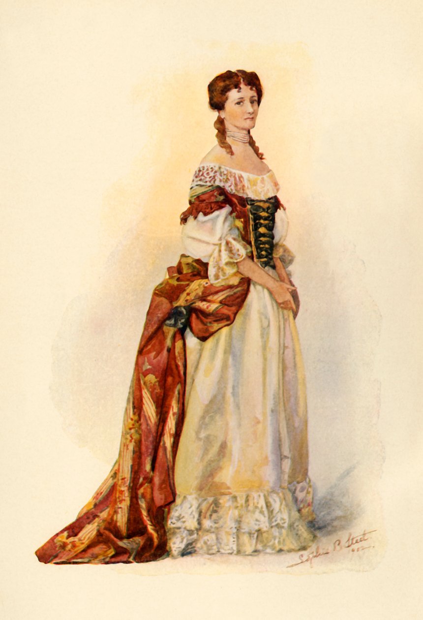 Vestido de brocado vermelho usado na Colônia de Barbados c1685, 1903, 1937. de Sophie B. Steel