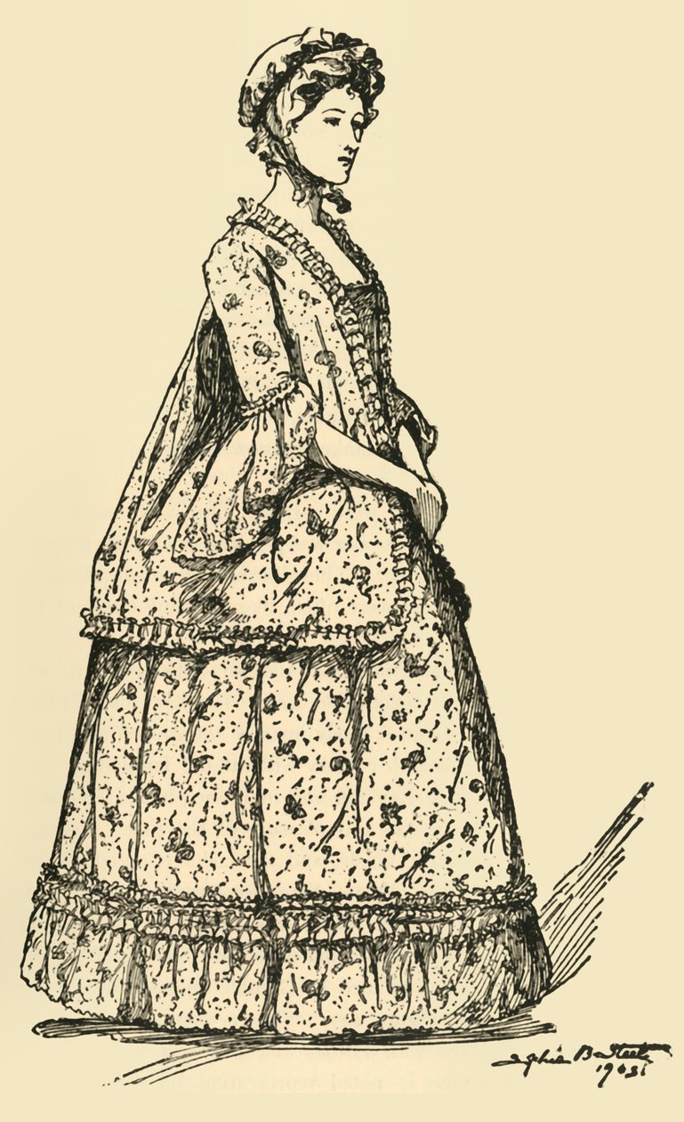 Retrato de um sacque curto de Watteau usado sobre uma anágua, c1750-1800, 1903, 1937. de Sophie B. Steel