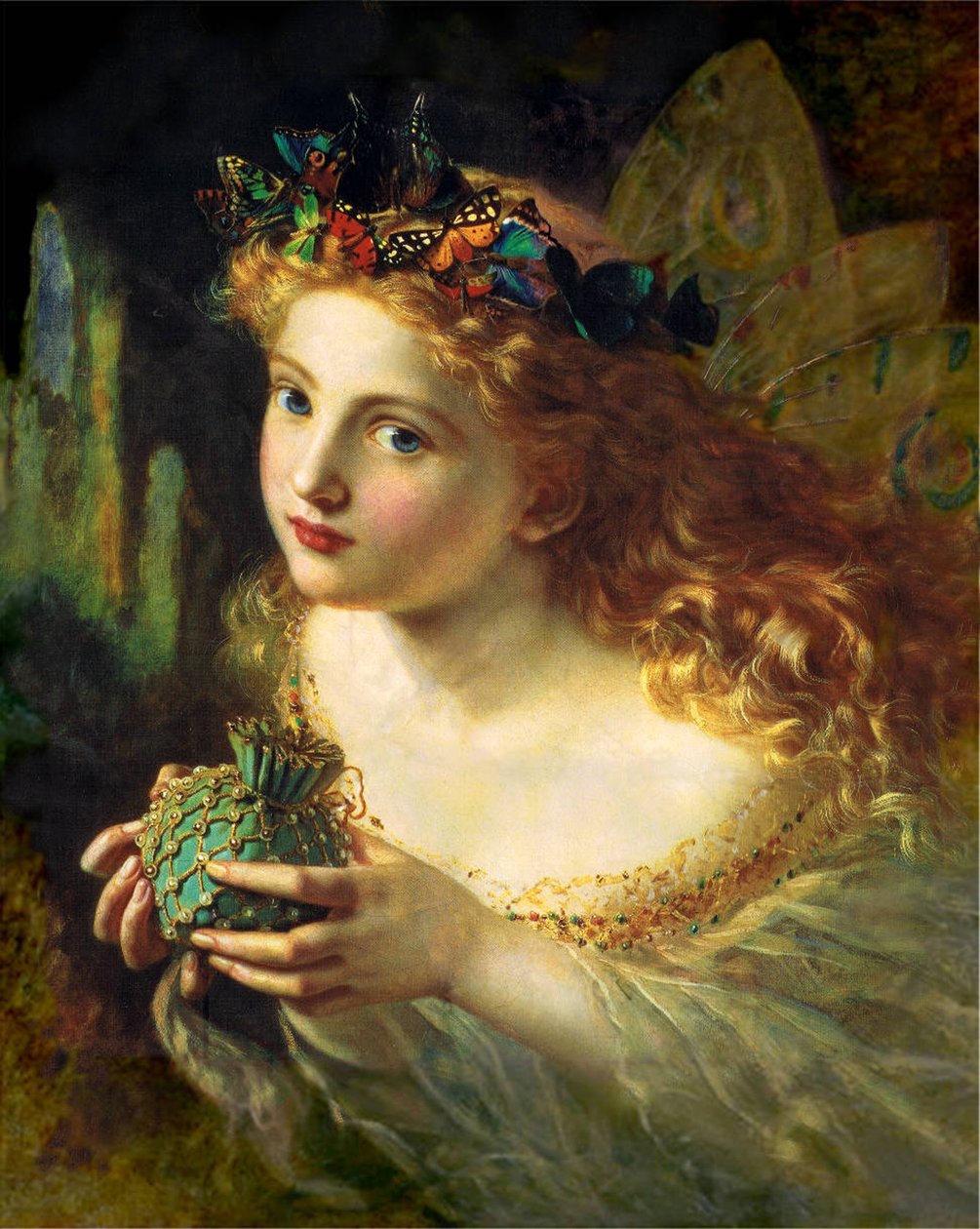 Pegue no belo rosto de uma mulher e suspenda-o suavemente, com borboletas, flores e jóias, para que a sua fada seja feita das coisas mais belas de Sophie Gengembre Anderson
