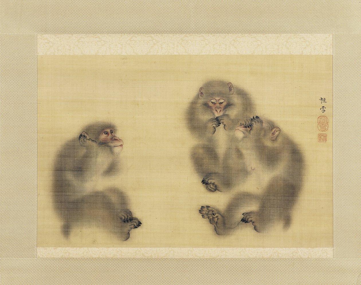 Macacos: Hear No Evil, See No Evil, Speak No Evil, c.1820 (tinta e cor sobre seda) de Sosetsu Mori
