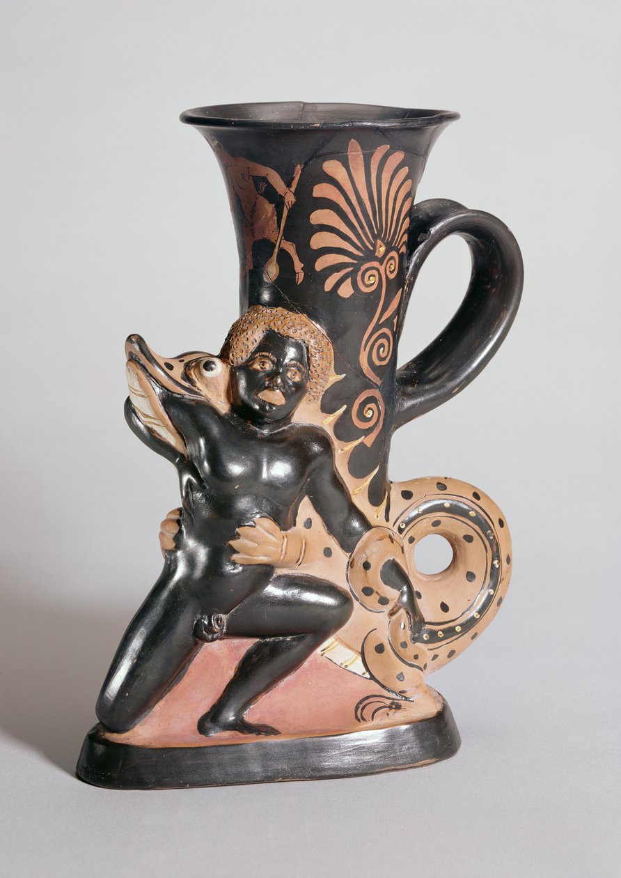 Rhyton em forma de chifre de figura vermelha representando um crocodilo atacando um núbio, grego, c.350 aC (argila) de Sotades
