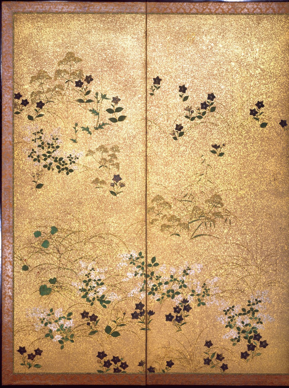 Gramíneas de outono, detalhes de um par de telas dobráveis de seis painéis, Período Edo (wc e folha de ouro sobre papel) de Sotatsu Hokkoyo Sotatsu Hokkoyo