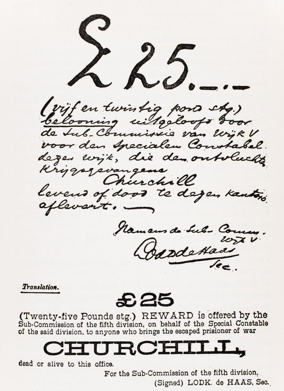 Cartaz de procurado do prisioneiro de guerra fugitivo Churchill, de "A Roving Commission de Winston S. Churchill", publicado pela Scribner&39;s, 1930 de South African School