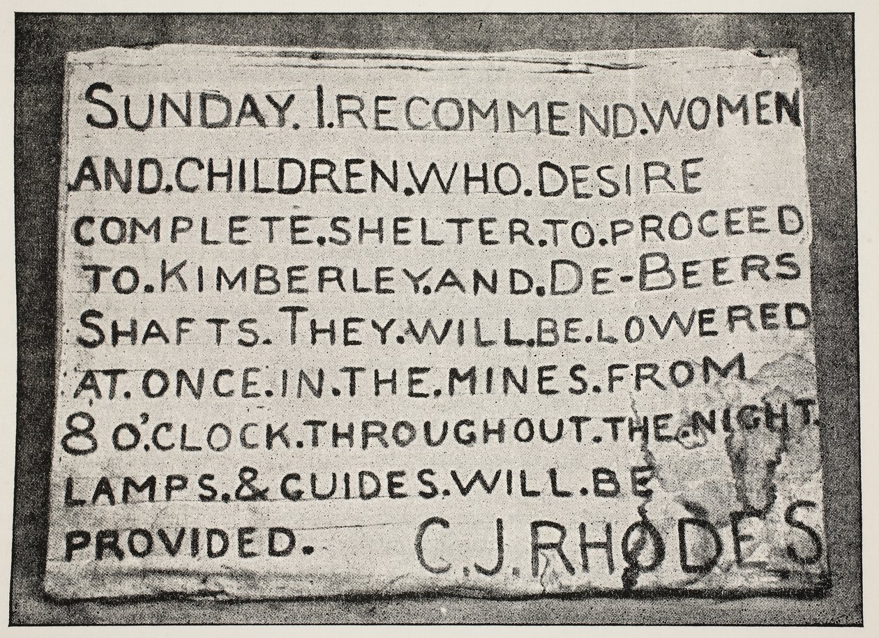 Cartaz colocado por Rhodes, fotografia atribuída a FH Hancox, Kimberley de South African Photographer