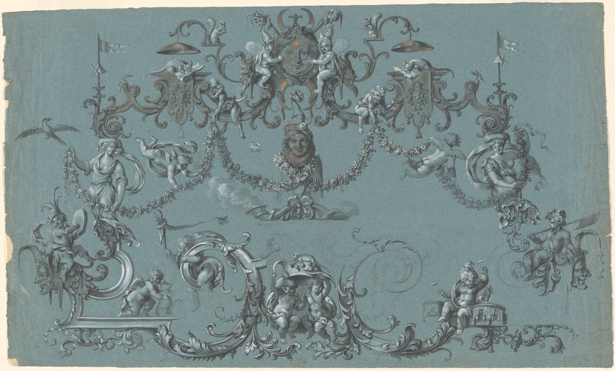 Arabescos com Flicking Putti, animais e bobos da corte de South German 18th Century