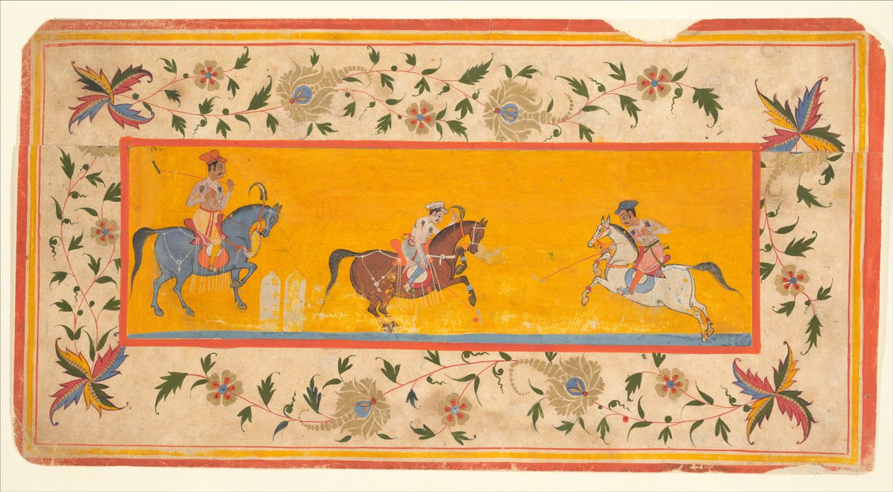 Três jogadores de pólo, c.1600-25 (tinta e aguarela sobre papel) de South Indian School