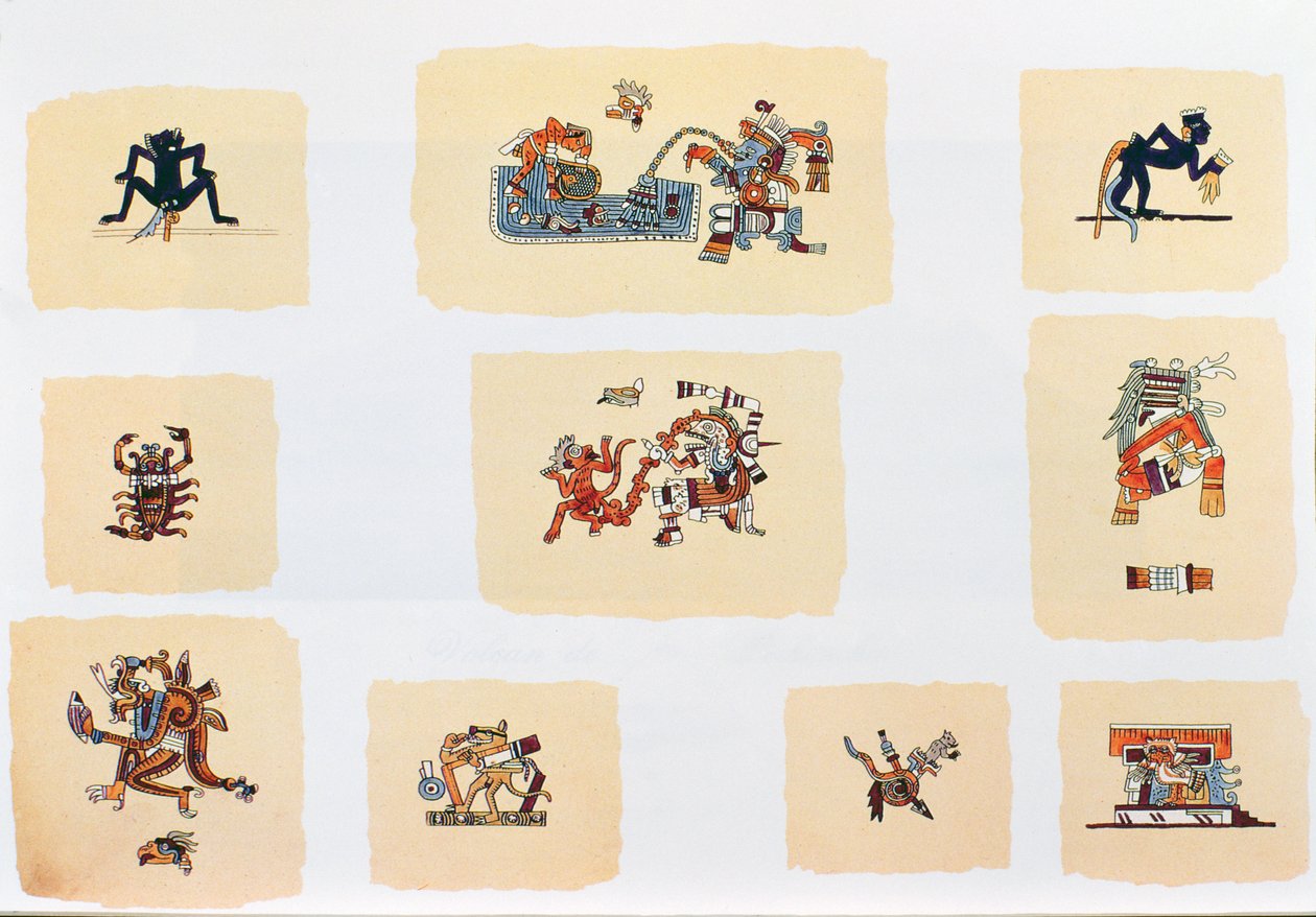 Cópia de fac-símile de páginas de um códice de anonymus (litografia de cor) de Spanish Colonial