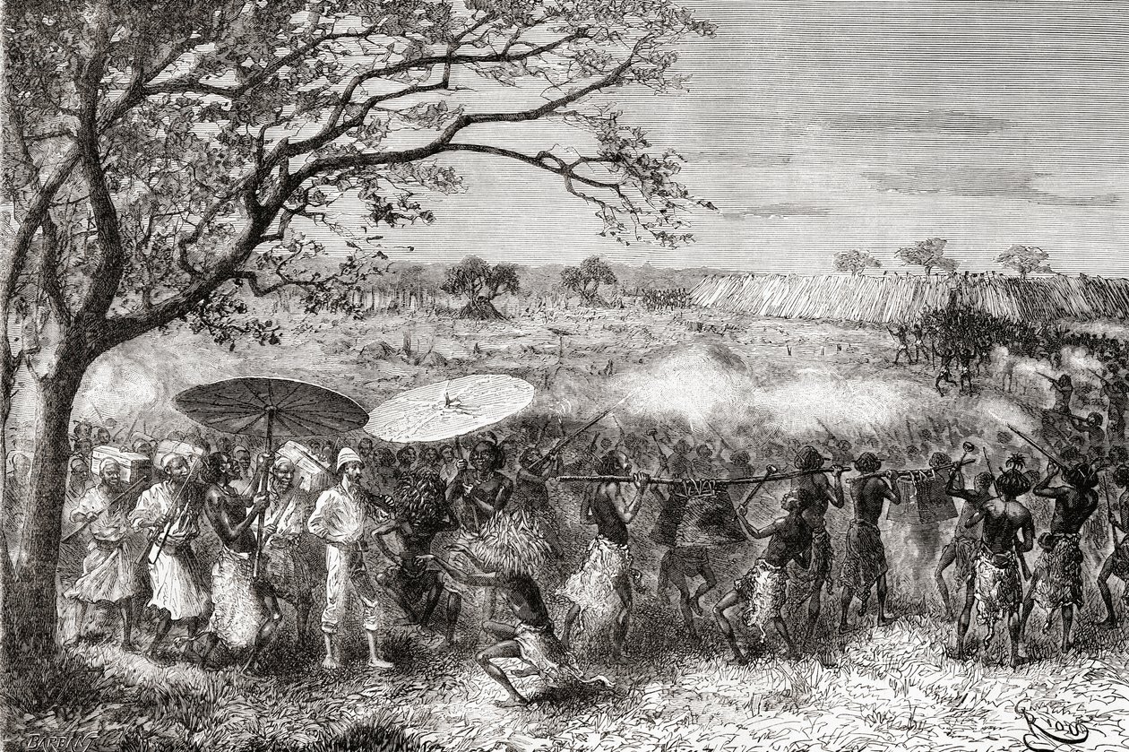 Uma tribo congolesa acompanha o explorador Pietro Paolo Savorgnan di Brazza e sua expedição à sua aldeia, da &39;Africa Pintoresca&39;, publicada em 1888 de Spanish School