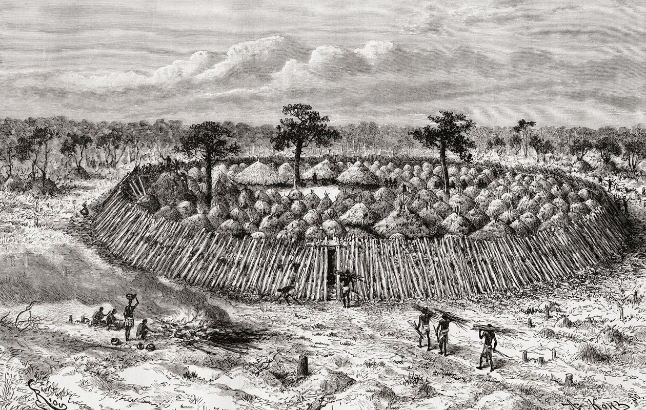 Uma aldeia congolesa em meados do século XIX, de &39;Africa Pintoresca&39;, publicada em 1888 de Spanish School