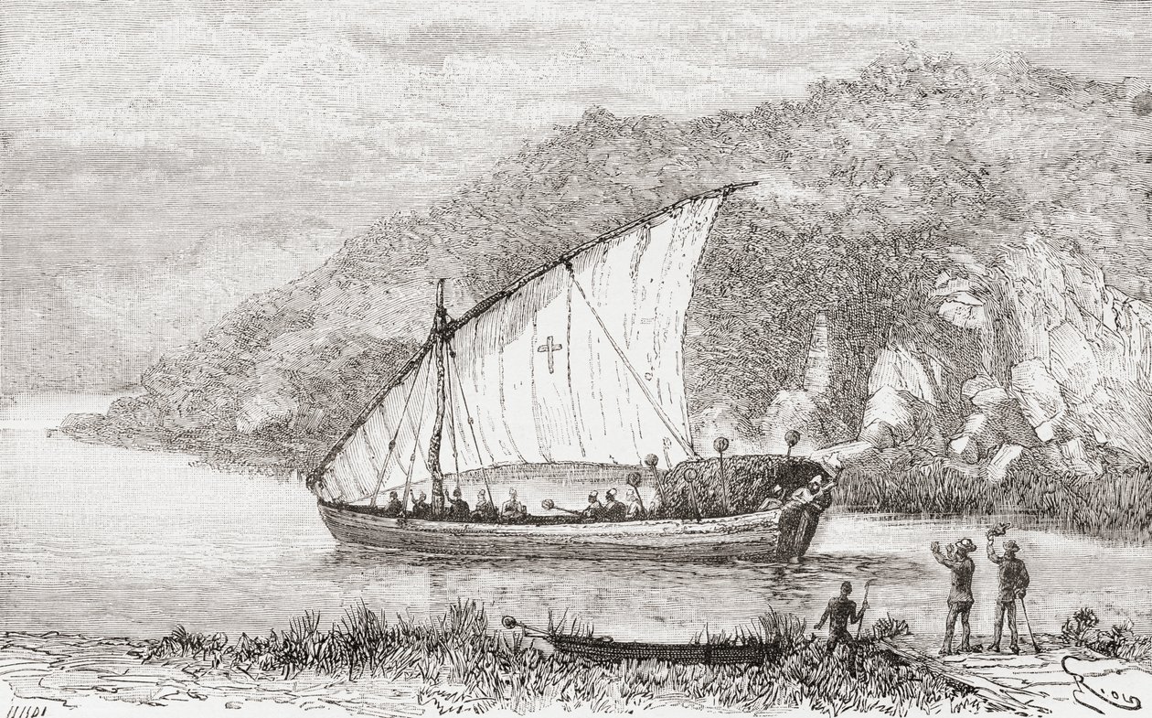 Um dhow no rio Congo no século 19, de &39;Africa Pintoresca&39;, publicado em 1888 de Spanish School