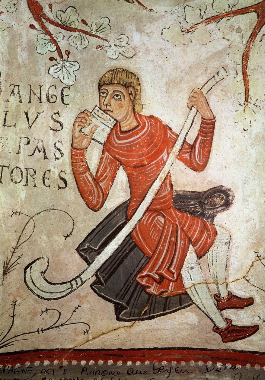 Um pastor jogando um flageolet, detalhe da Anunciação aos Pastores, no Panteão Real (pintura mural) de Spanish School