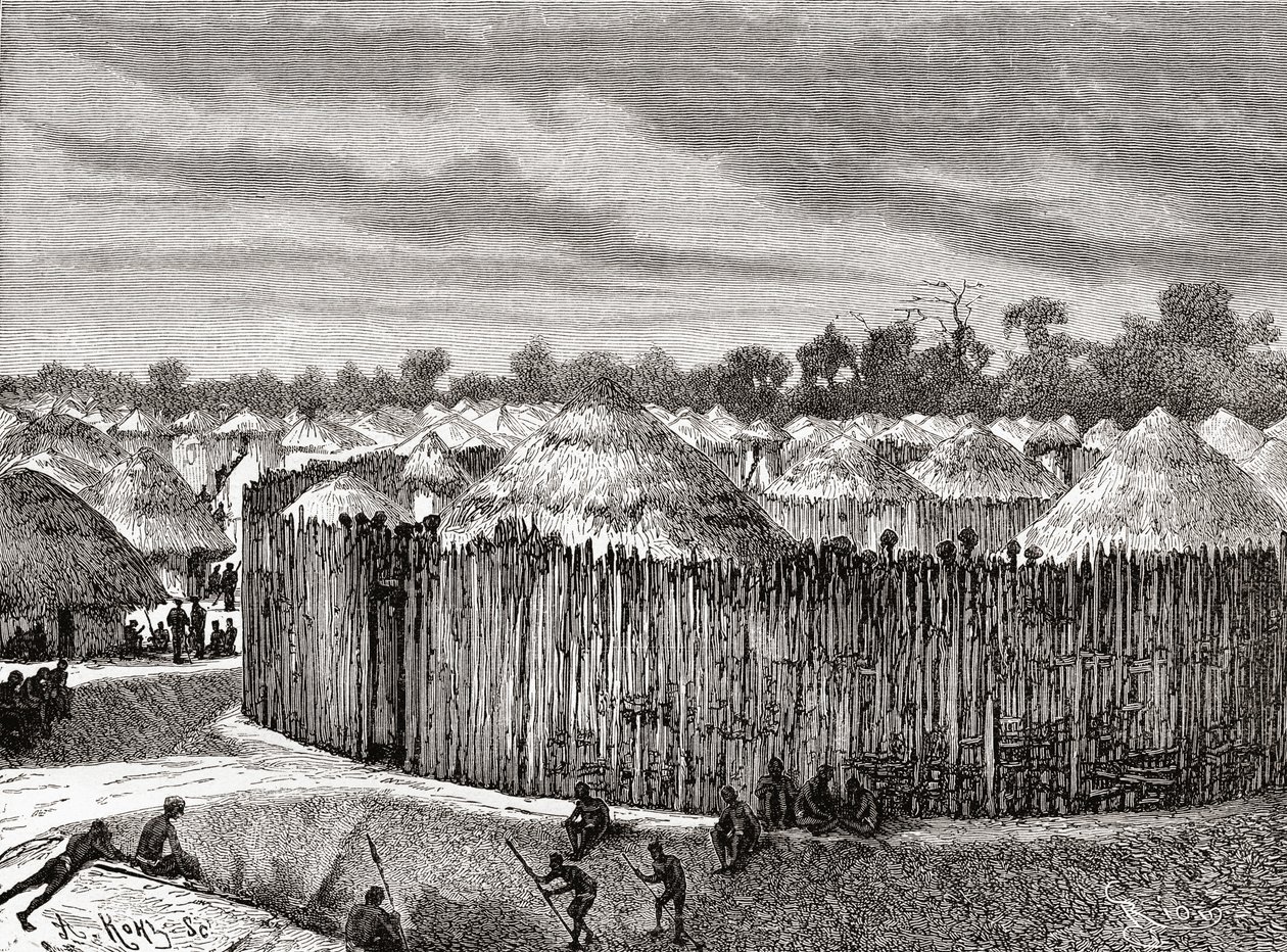 Uma aldeia na África Central durante o século 19, de &39;Africa Pintoresca&39;, publicado em 1888 de Spanish School